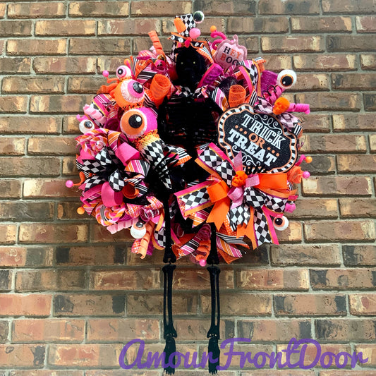 Halloween Wreath, Skeleton Door Hanger, Trick or Treat Decor, Large Halloween Wreath, Halloween Candy Wreath, Whimsical Halloween Decor, 2025