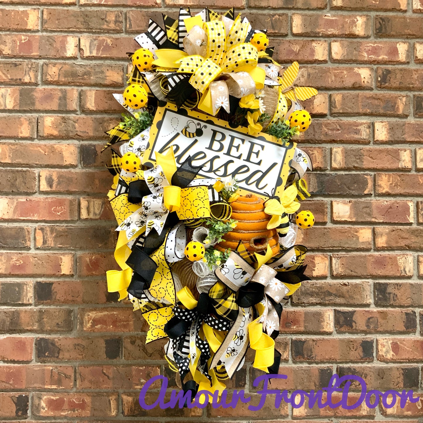 Bee Wreath, Bee Blessed Swag, Large Bee Door Hanger, Bee Hive Decor, Custom Order