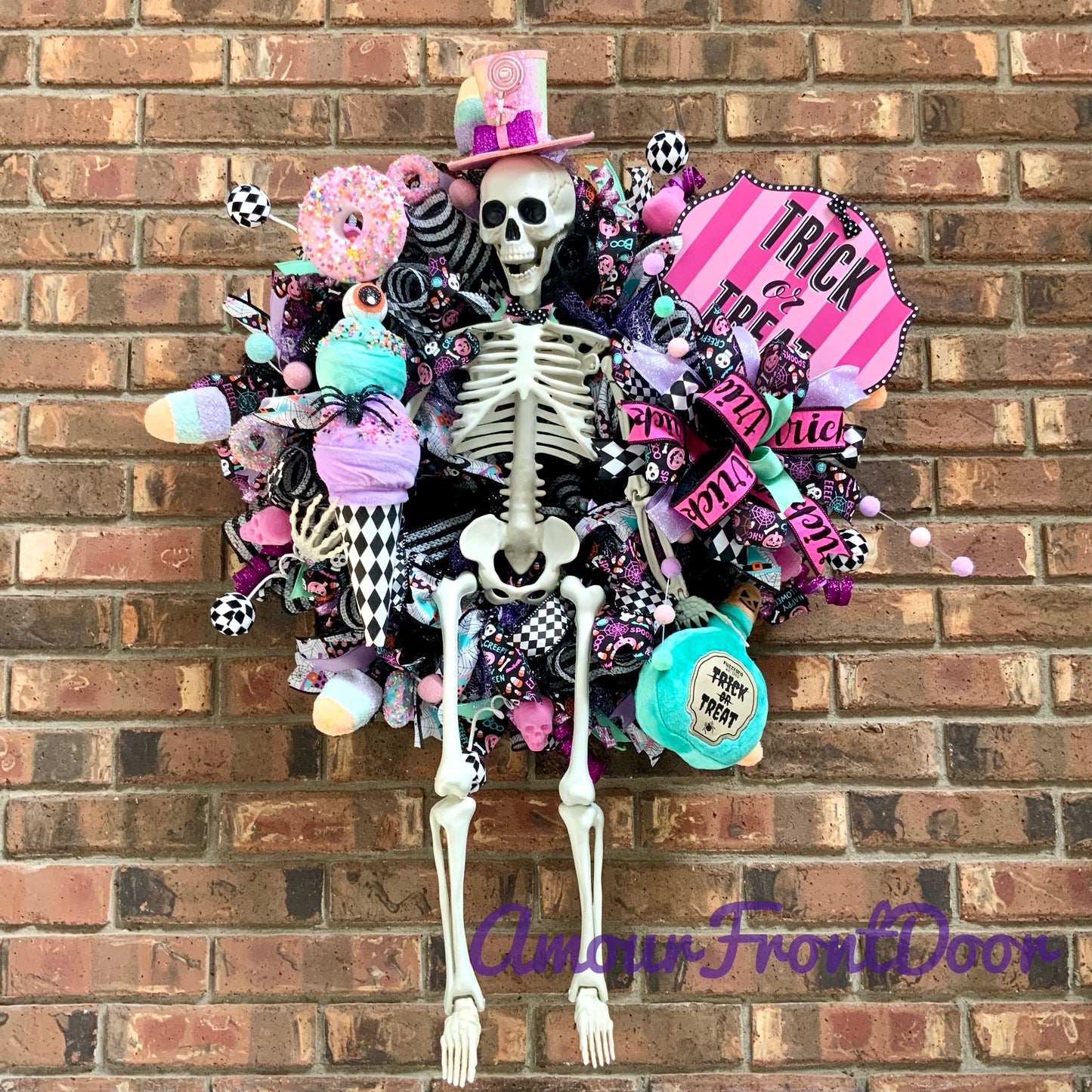 Halloween Pastel Wreath, Skeleton Door Hanger, Trick or Treat Decor, Large Halloween Wreath, Halloween Candy Wreath, Whimsical Halloween Decor, 2025