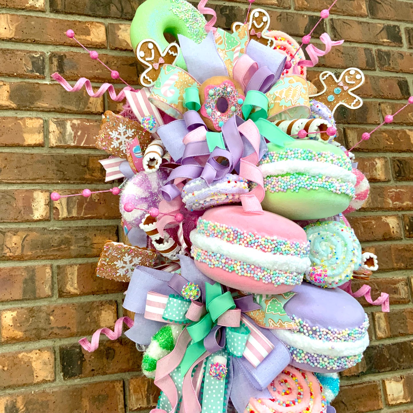 Modern Christmas Wreath - Pastel Candy Door Hanger with Macarons & Gingerbread | Large Holiday Decor