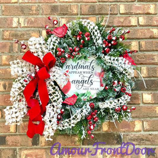 Red Cardinal Wreath, Red Cardinal Decor, Winter Wreath, Flocked Winter Wreath, Red Cardinal Door Hanger, Country Farmhouse Winter Wreath, Winter Evergreen Wreath, 2024