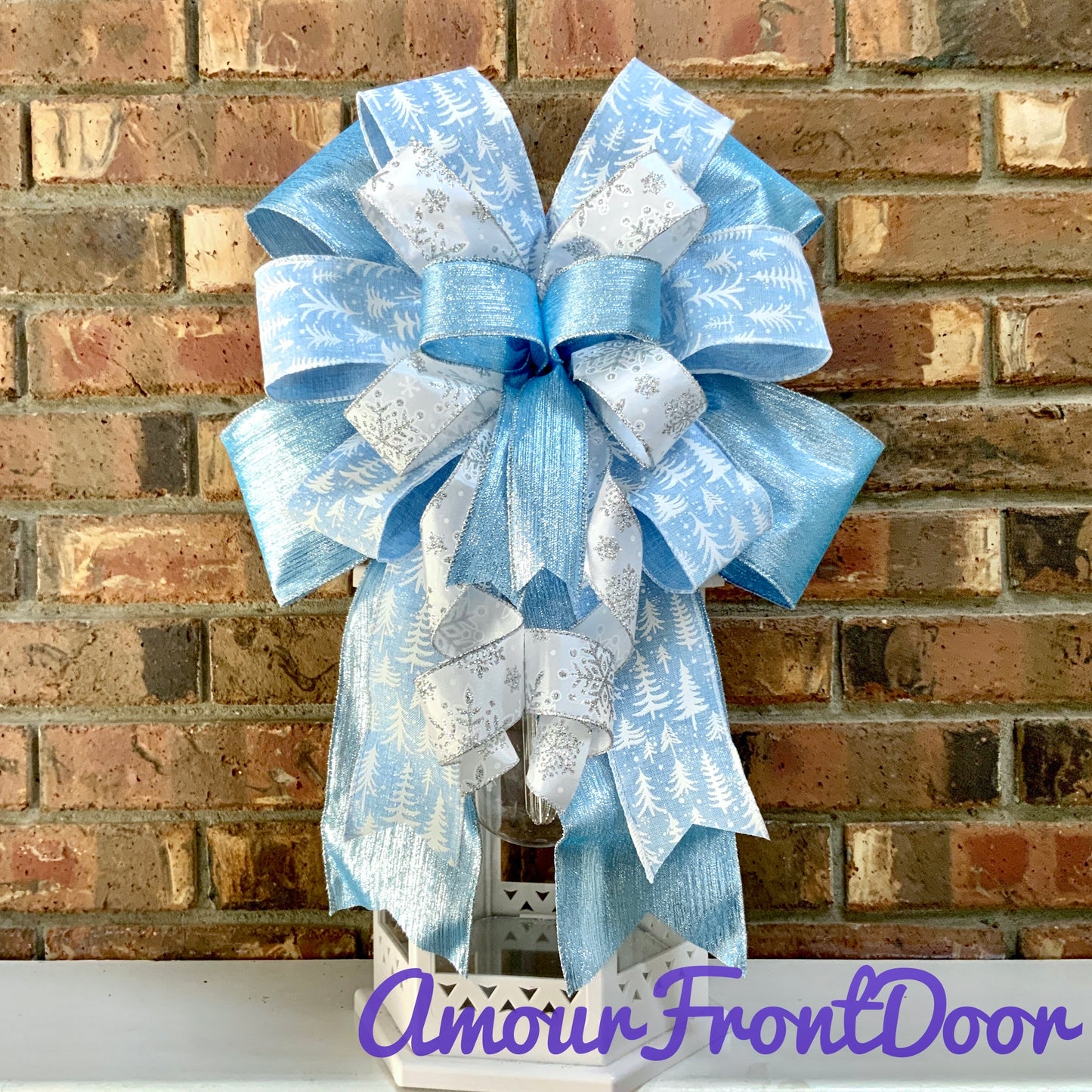 Blue and White Lantern Bow, Blue Winter Christmas Decor, Winter Holiday Bow, Snowflake Bow, Winter Lantern Bow, Winter Mailbox Bow, Winter Not Christmas Decor