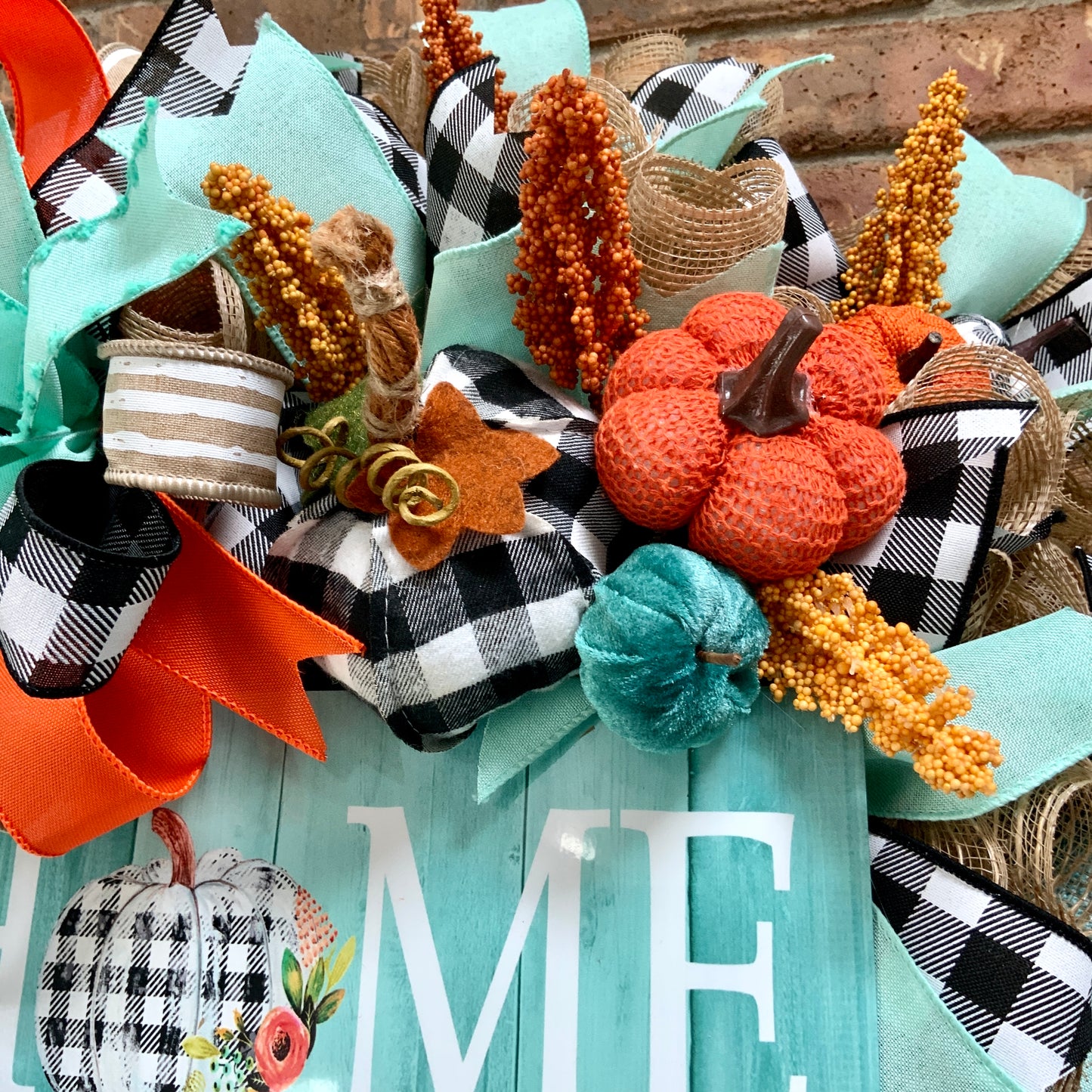 Fall Pumpkin Wreath, Blue Pumpkin Fall Door Hanger, Turquoise Fall Decor, Fall Buffalo Check Wreath, Autumn Wreath, Country Farmhouse Fall Wreath for Front Door