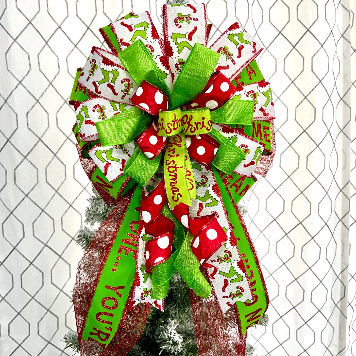 Christmas Tree Topper Bow, Grinch Tree Topper Bow, Christmas Mailbox Decor, Grinch Decor, Christmas Grinch Bow, Christmas Large Bow For Wreaths