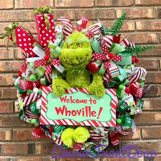 Christmas Grinch Wreath, Christmas Grinch Door Hanger, Whoville Decor, Christmas Wreath, Grinch Door Hanger, 2024