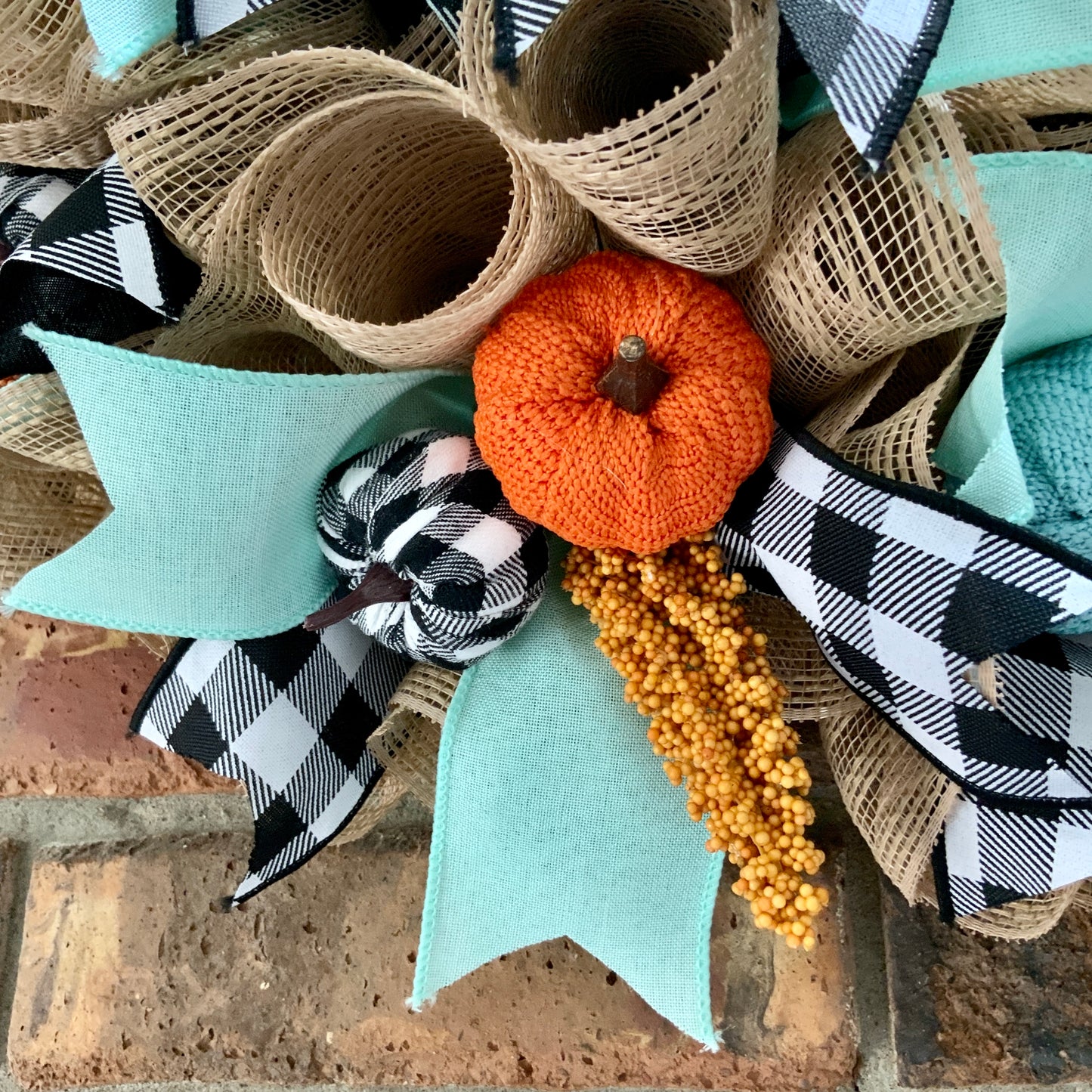 Fall Pumpkin Wreath, Blue Pumpkin Fall Door Hanger, Turquoise Fall Decor, Fall Buffalo Check Wreath, Autumn Wreath, Country Farmhouse Fall Wreath for Front Door