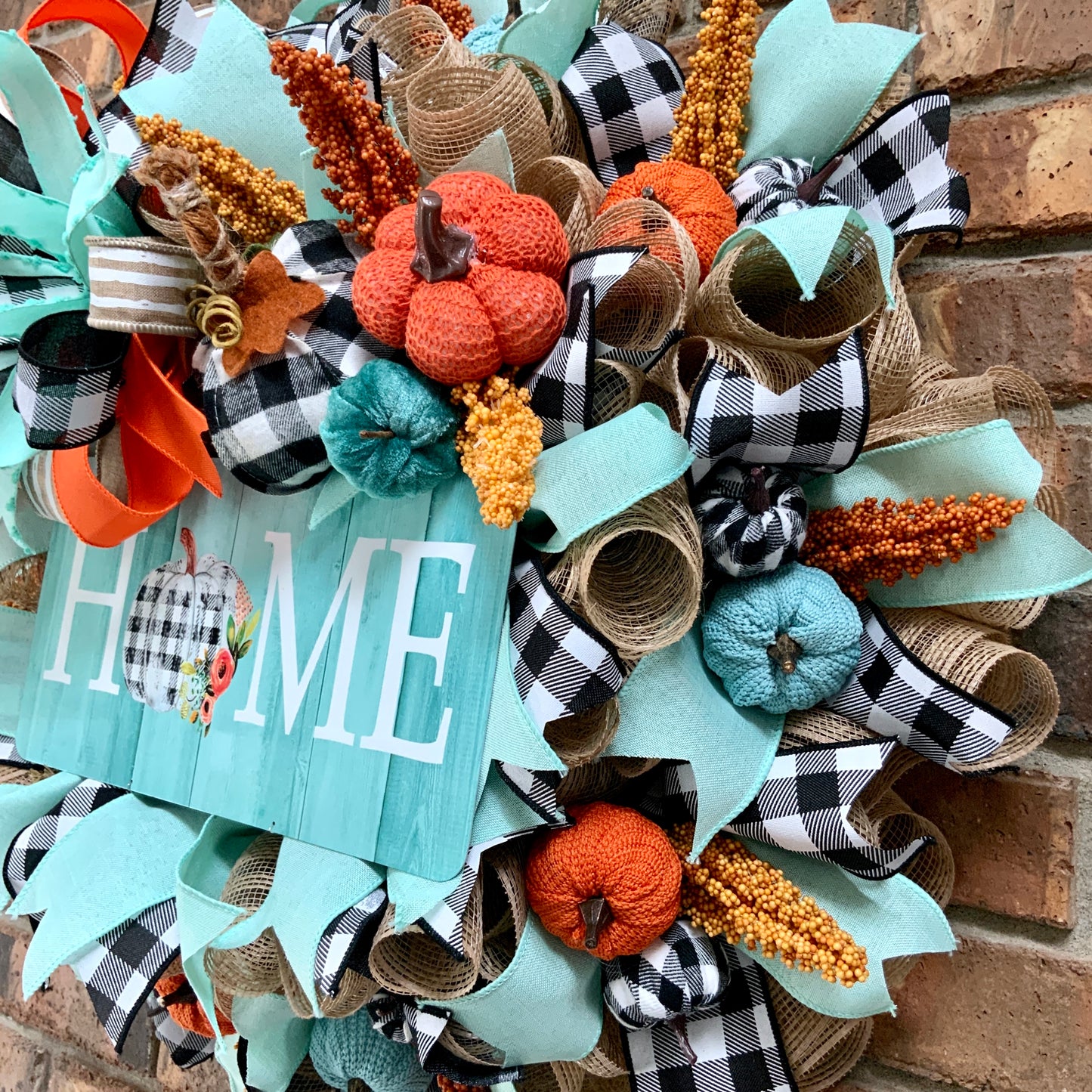 Fall Pumpkin Wreath, Blue Pumpkin Fall Door Hanger, Turquoise Fall Decor, Fall Buffalo Check Wreath, Autumn Wreath, Country Farmhouse Fall Wreath for Front Door