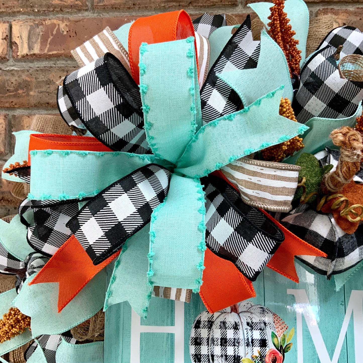 Fall Pumpkin Wreath, Blue Pumpkin Fall Door Hanger, Turquoise Fall Decor, Fall Buffalo Check Wreath, Autumn Wreath, Country Farmhouse Fall Wreath for Front Door