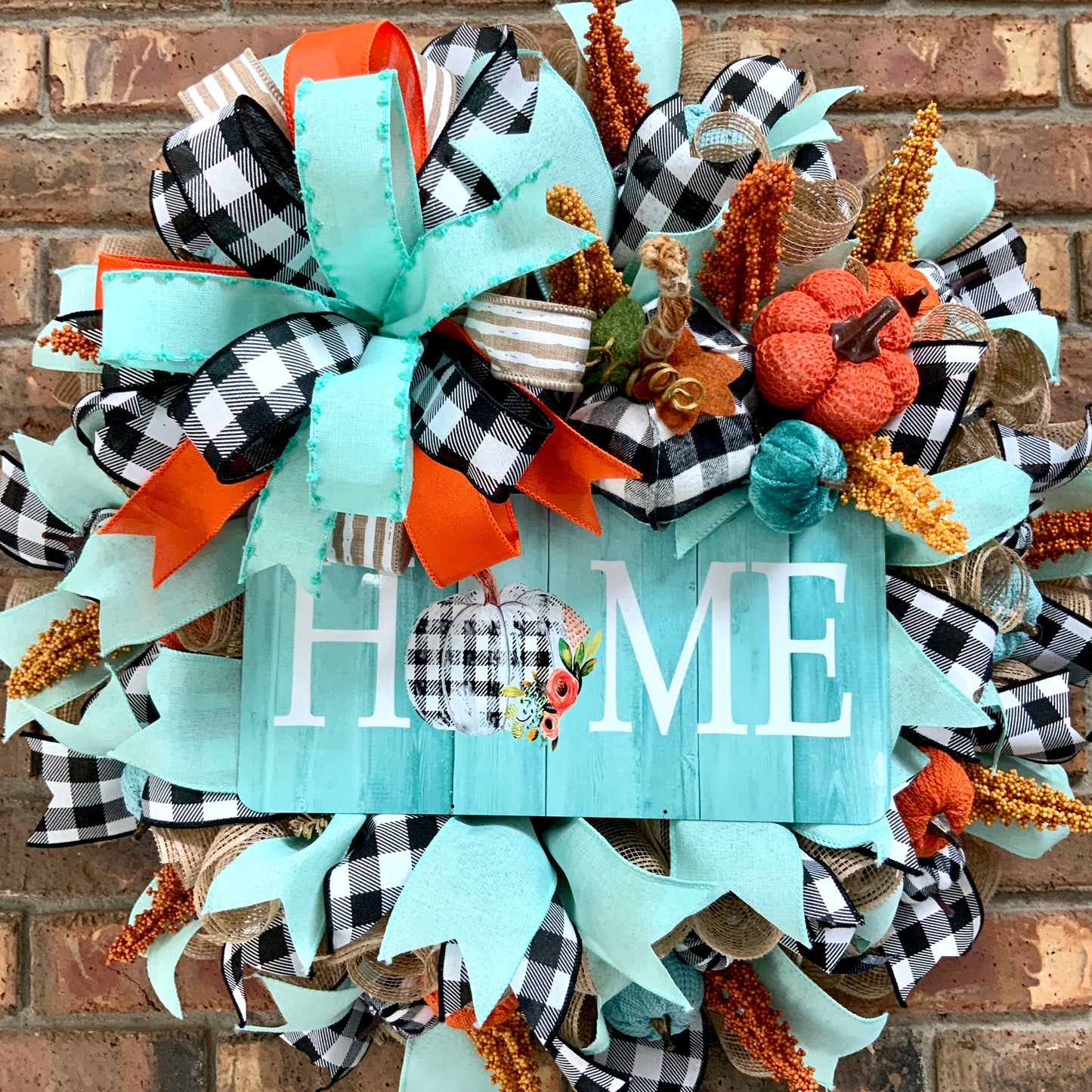 Fall Pumpkin Wreath, Blue Pumpkin Fall Door Hanger, Turquoise Fall Decor, Fall Buffalo Check Wreath, Autumn Wreath, Country Farmhouse Fall Wreath for Front Door
