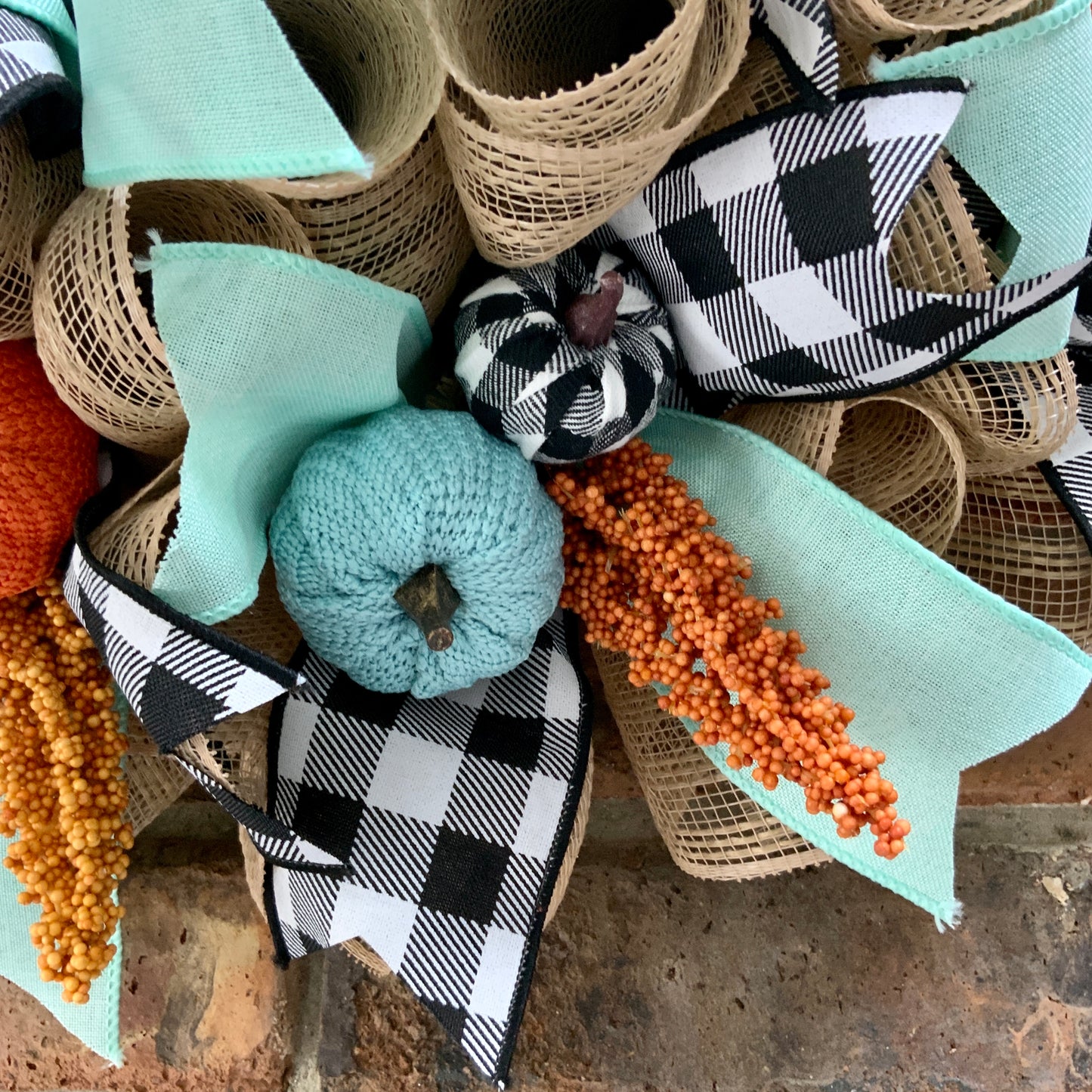 Fall Pumpkin Wreath, Blue Pumpkin Fall Door Hanger, Turquoise Fall Decor, Fall Buffalo Check Wreath, Autumn Wreath, Country Farmhouse Fall Wreath for Front Door