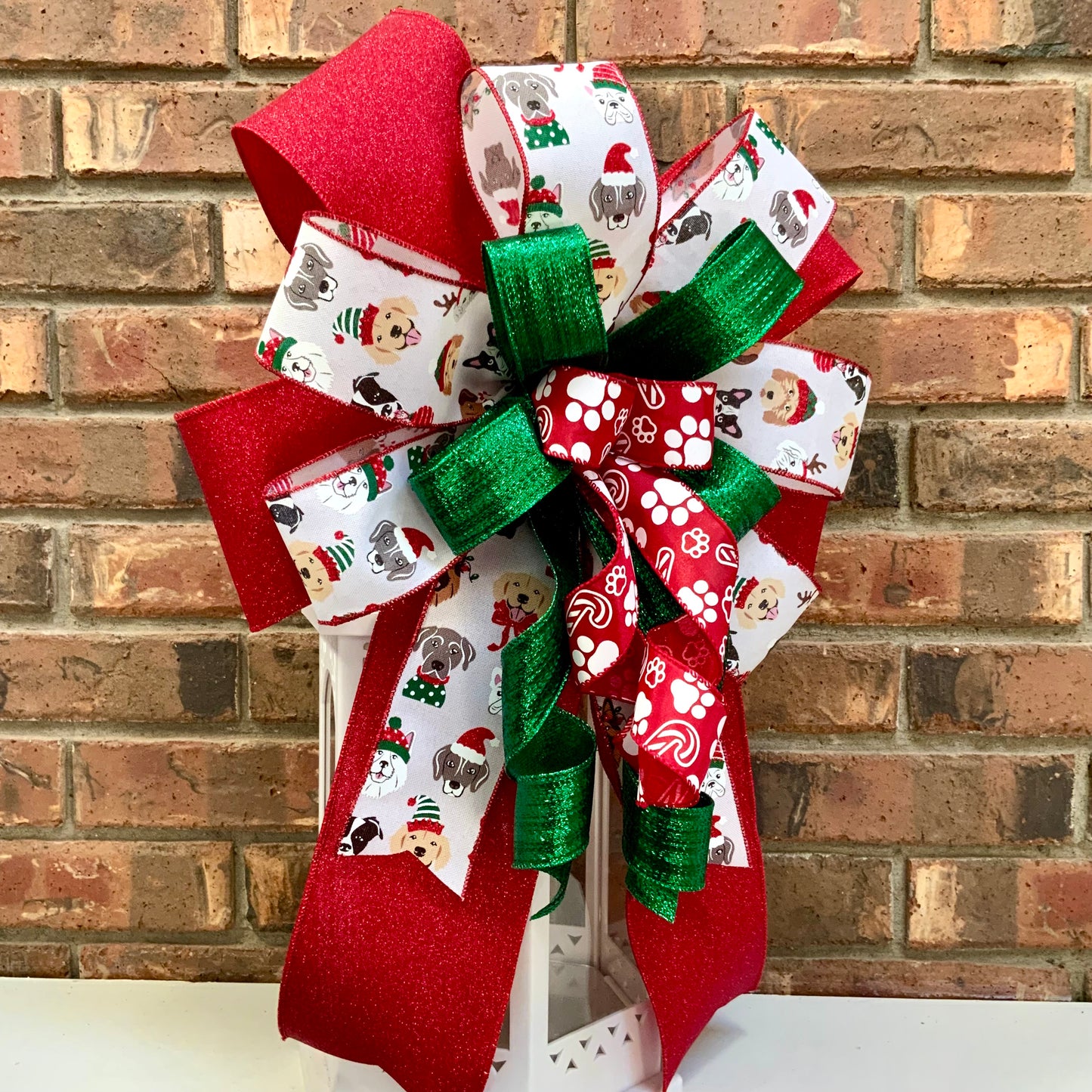 Dog Christmas Bow - Festive Paw Print & Candy Cane Lantern Bow | Holiday Dog Decor 2025