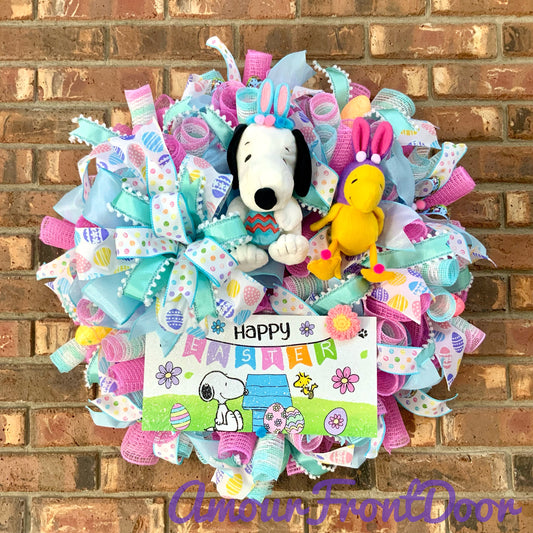 Snoopy Easter Wreath, Easter Door Hanger, Snoopy Easter Decor, Snoopy Wreath, Snoopy and Woodstock Wreath, Custom Order