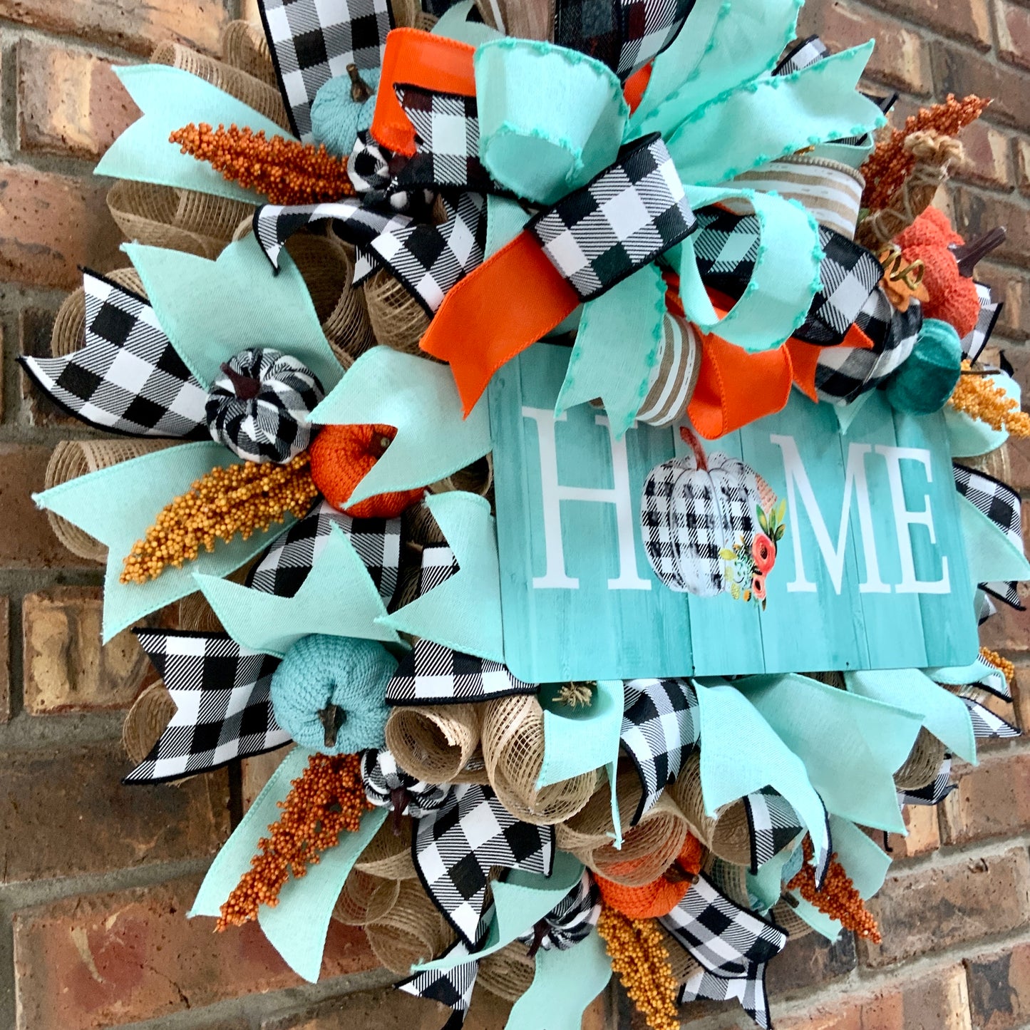 Fall Pumpkin Wreath, Blue Pumpkin Fall Door Hanger, Turquoise Fall Decor, Fall Buffalo Check Wreath, Autumn Wreath, Country Farmhouse Fall Wreath for Front Door