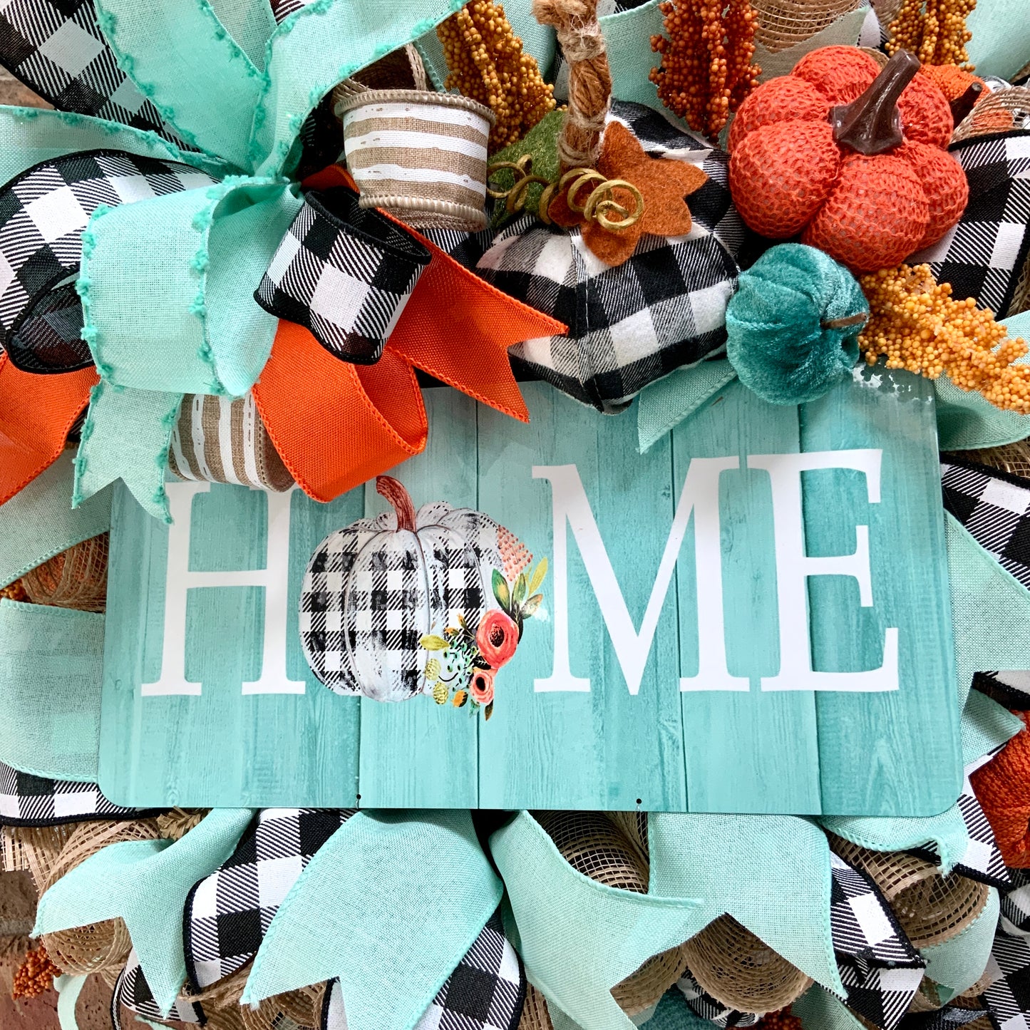Fall Pumpkin Wreath, Blue Pumpkin Fall Door Hanger, Turquoise Fall Decor, Fall Buffalo Check Wreath, Autumn Wreath, Country Farmhouse Fall Wreath for Front Door