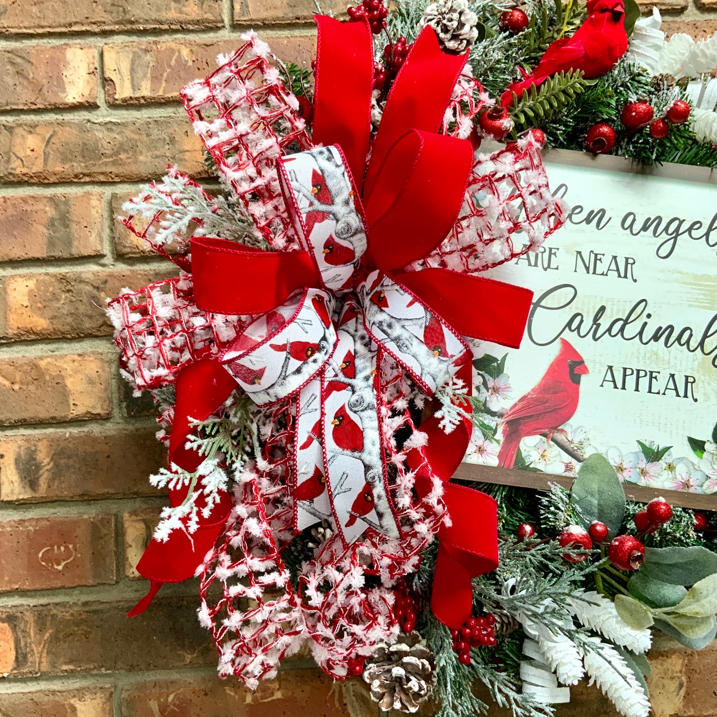 Red Cardinal Wreath, Red Cardinal Decor, Winter Wreath, Flocked Winter Wreath, Red Cardinal Door Hanger, Country Farmhouse Winter Wreath, Winter Evergreen Wreath
