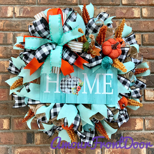 Fall Pumpkin Wreath, Blue Pumpkin Fall Door Hanger, Turquoise Fall Decor, Fall Buffalo Check Wreath, Autumn Wreath, Country Farmhouse Fall Wreath for Front Door