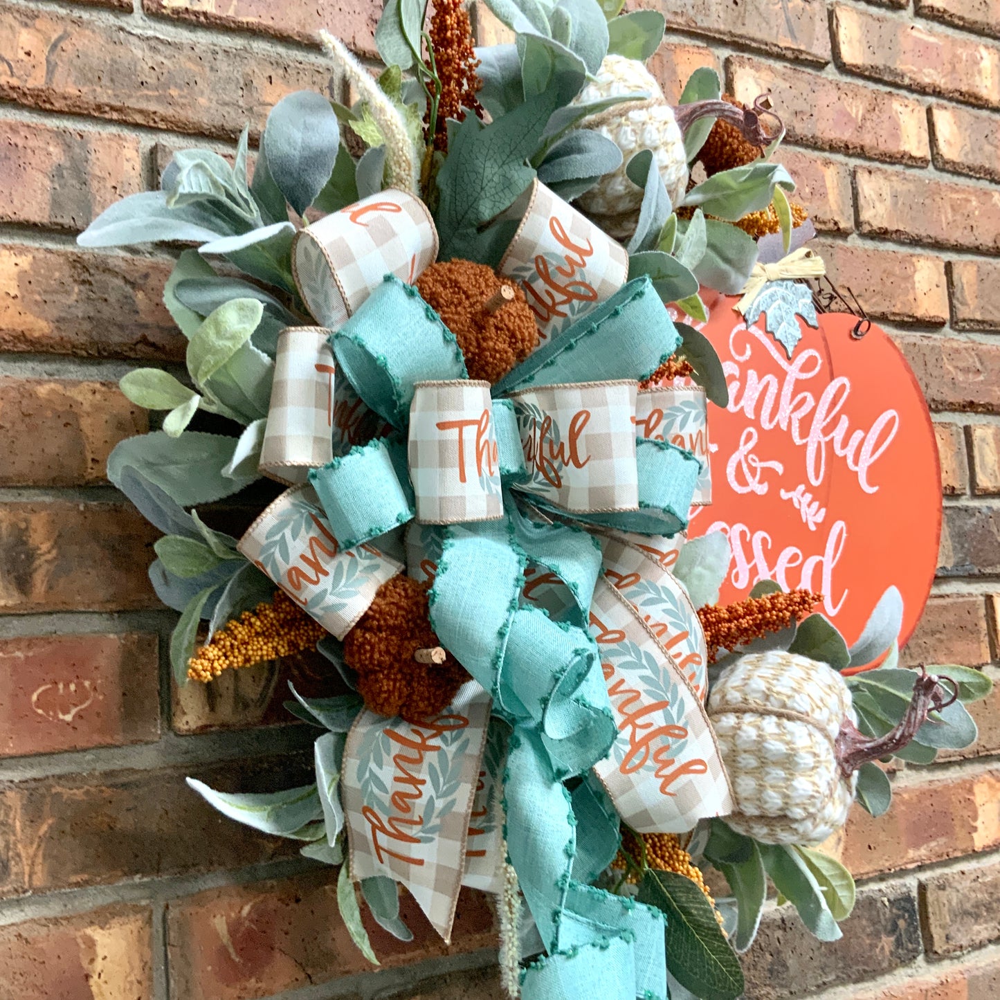 Thankful and Blessed Wreath, Fall Grapevine Wreath, Fall Lambs Ear Door Hanger, Thanksgiving Wreath, Fall Pumpkin Decor