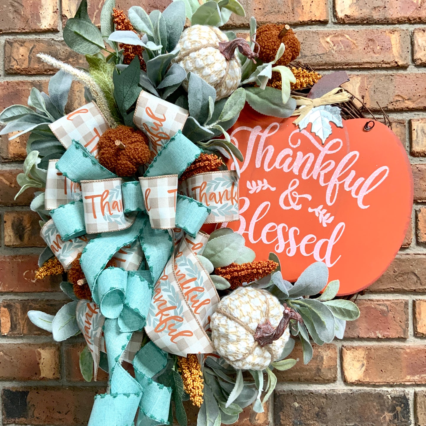 Thankful and Blessed Wreath, Fall Grapevine Wreath, Fall Lambs Ear Door Hanger, Thanksgiving Wreath, Fall Pumpkin Decor