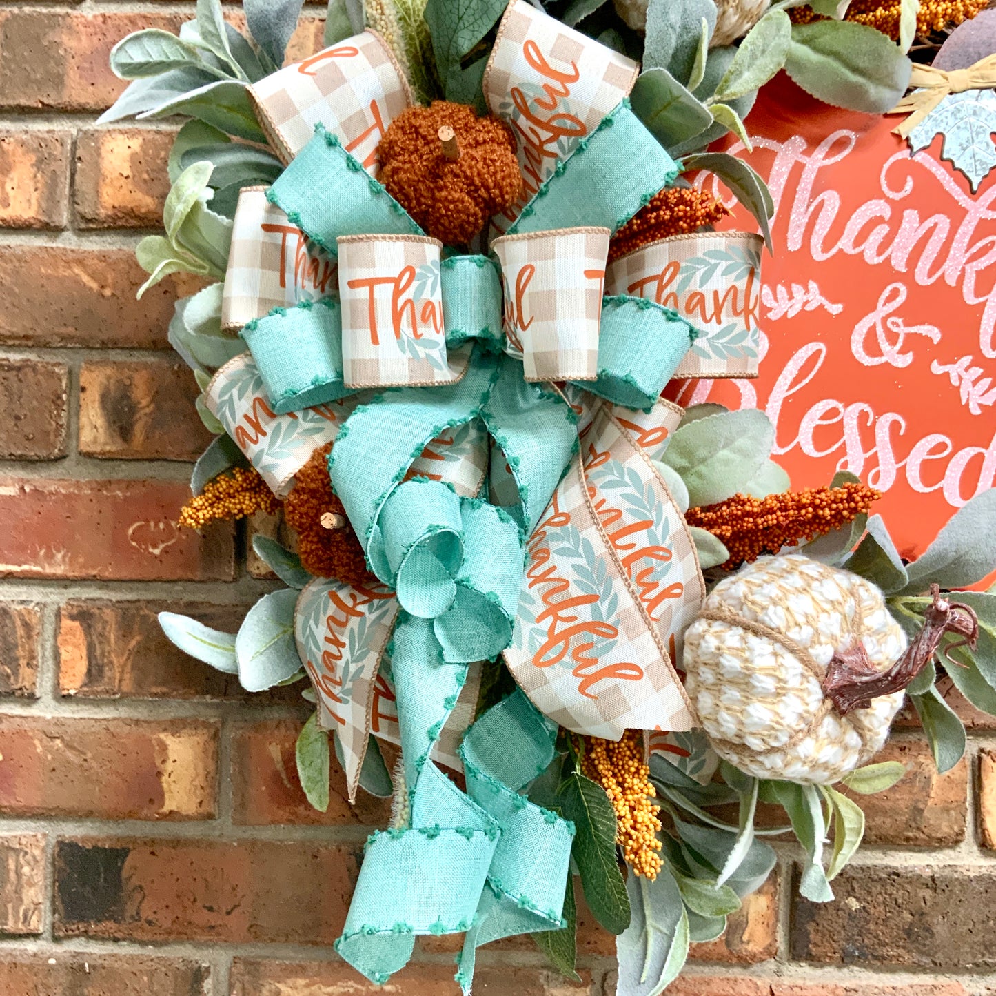 Thankful and Blessed Wreath, Fall Grapevine Wreath, Fall Lambs Ear Door Hanger, Thanksgiving Wreath, Fall Pumpkin Decor