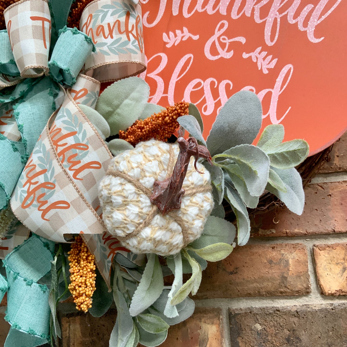Thankful and Blessed Wreath, Fall Grapevine Wreath, Fall Lambs Ear Door Hanger, Thanksgiving Wreath, Fall Pumpkin Decor