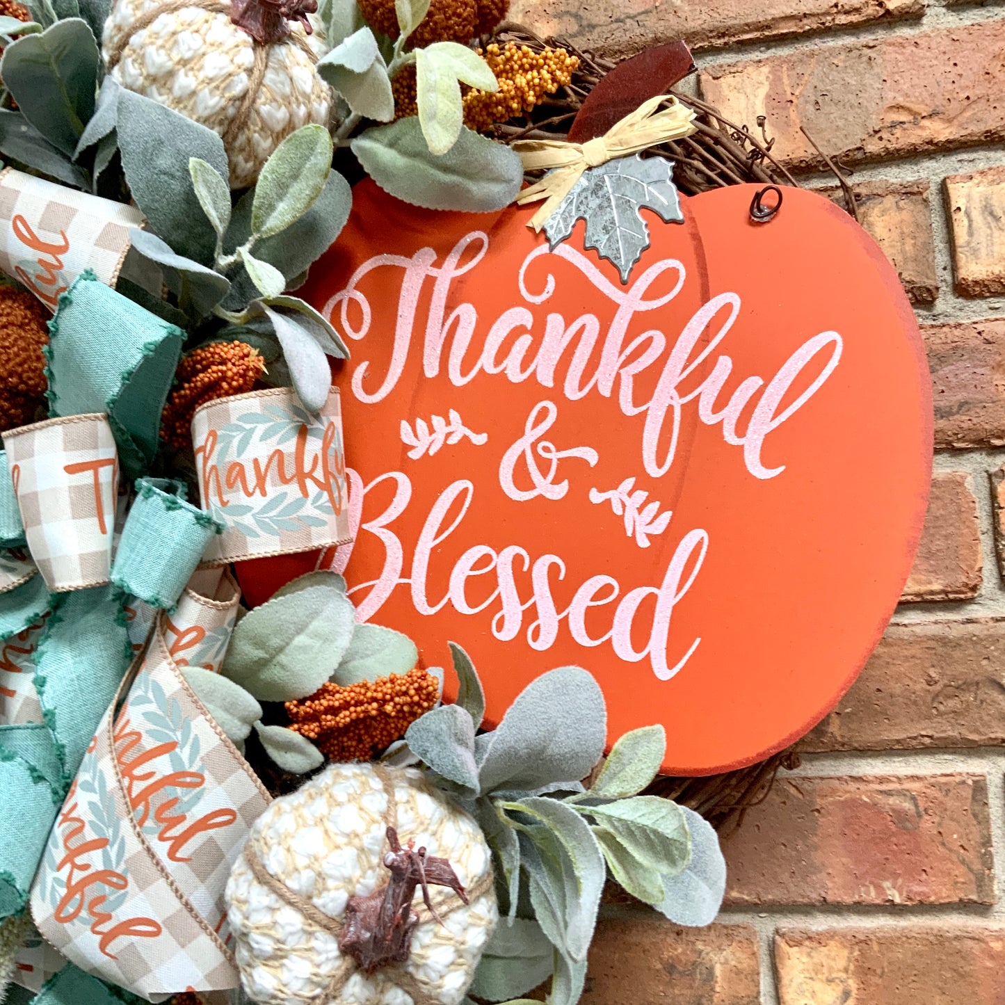 Thankful and Blessed Wreath, Fall Grapevine Wreath, Fall Lambs Ear Door Hanger, Thanksgiving Wreath, Fall Pumpkin Decor
