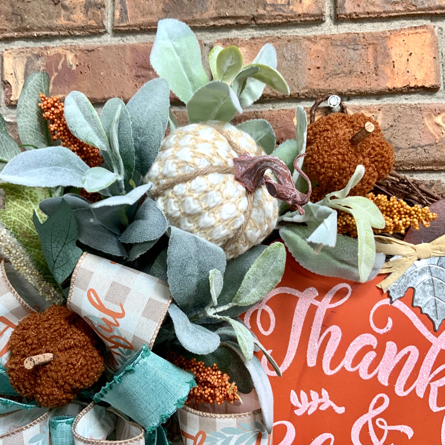 Thankful and Blessed Wreath, Fall Grapevine Wreath, Fall Lambs Ear Door Hanger, Thanksgiving Wreath, Fall Pumpkin Decor