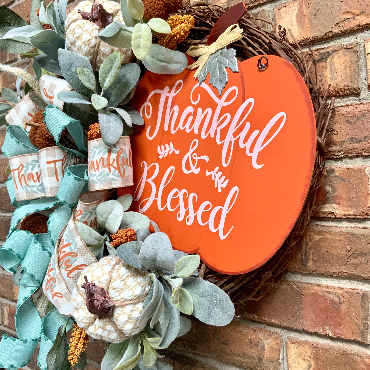 Thankful and Blessed Wreath, Fall Grapevine Wreath, Fall Lambs Ear Door Hanger, Thanksgiving Wreath, Fall Pumpkin Decor