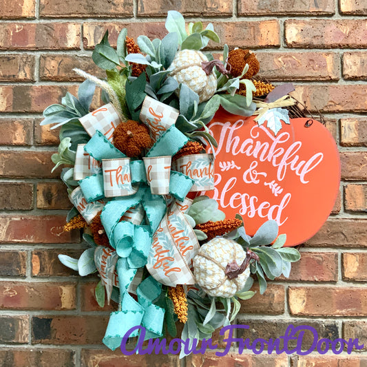 Thankful and Blessed Wreath, Fall Grapevine Wreath, Fall Lambs Ear Door Hanger, Thanksgiving Wreath, Fall Pumpkin Decor