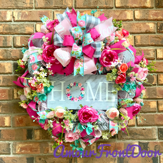 Welcome Summer Wreath, Pink Rose Wreath, French Country Decor, Rose Welcome Decor, Farmhouse Decor