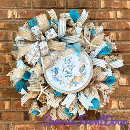 Ocean Wreath For Front Door, Beach Door Hanger, Star Fish Decor, Sea Shell Wreath, Beach Home Decor, Lake House Wreath