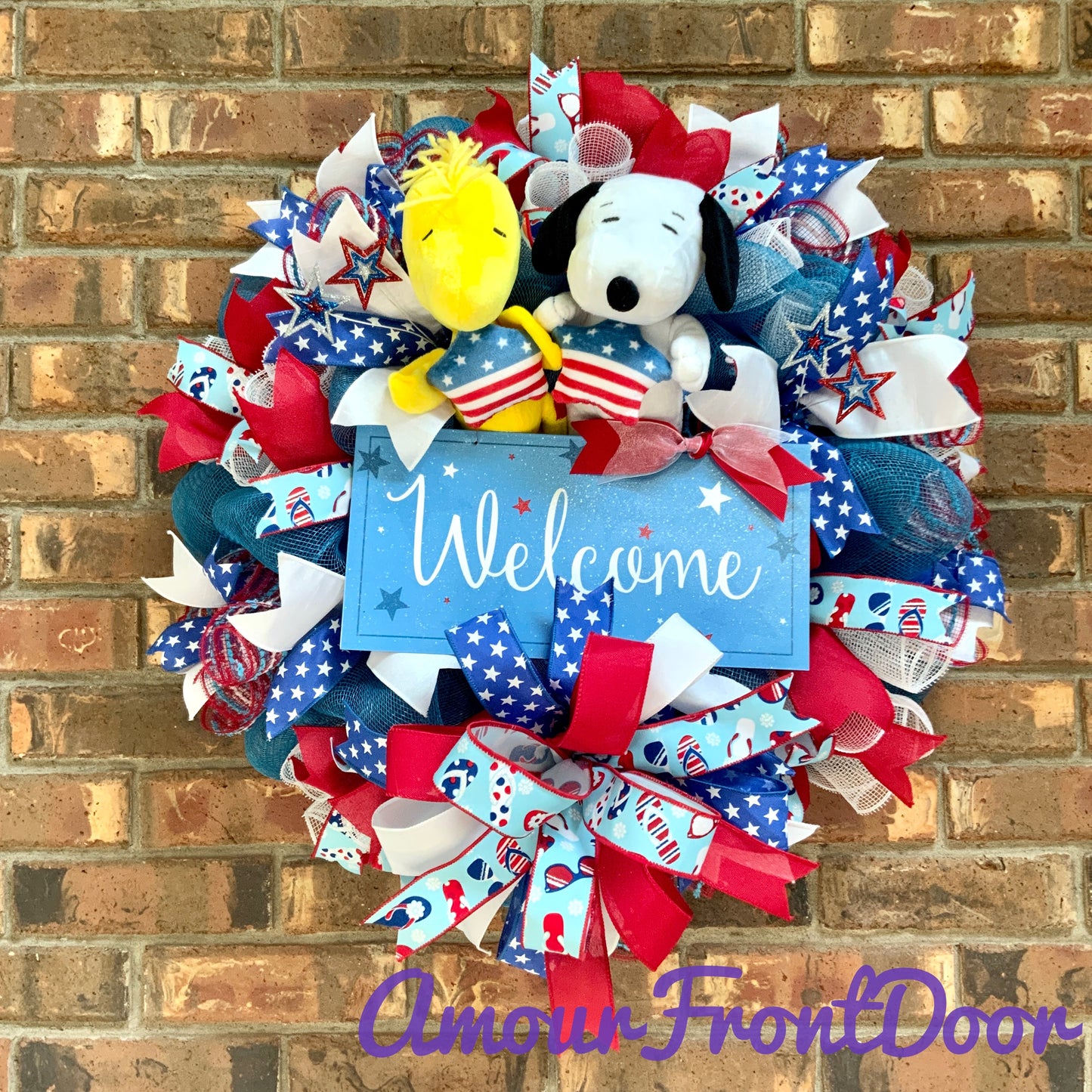 Snoopy Patriotic Wreath, Snoopy Door Hanger, Snoopy and Woodstock Decor, Snoopy Wreath For Front Door, Fourth of July Wreath, Memorial Day Wreath