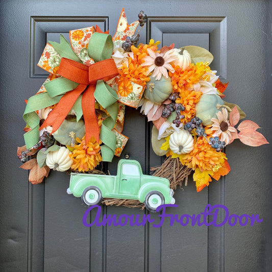 Fall Pumpkin Wreath, Fall Pumpkin Decor, Fall Truck Wreath, Fall Sunflower Wreath, Fall Pumpkin Grapevine Wreath, Fall Country Wreath