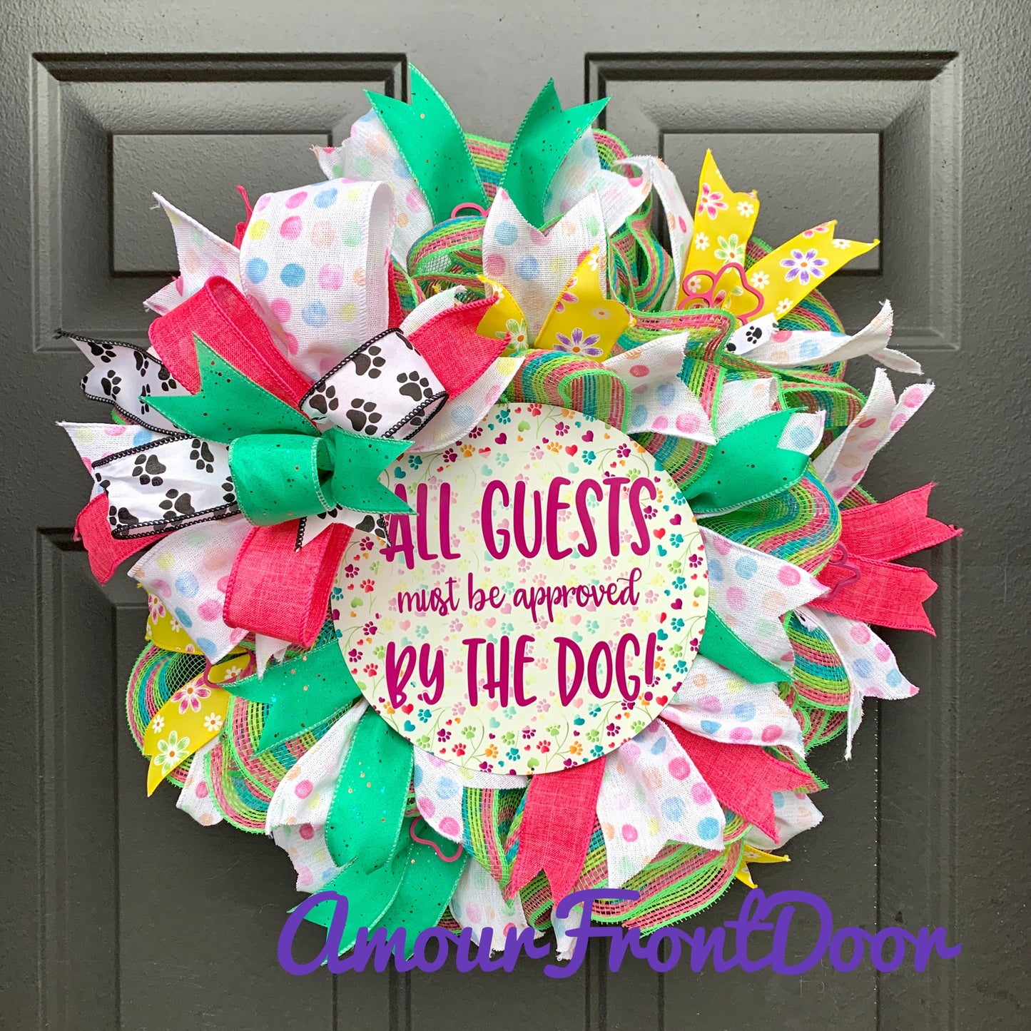 All Guests Must Be Approved By The Dog, Dog Wreath, Dog Decor, Dog Lover Wreath, Dog Paw Print Wreath, Dog Home Decor, Dog Door Hanger For Front Door