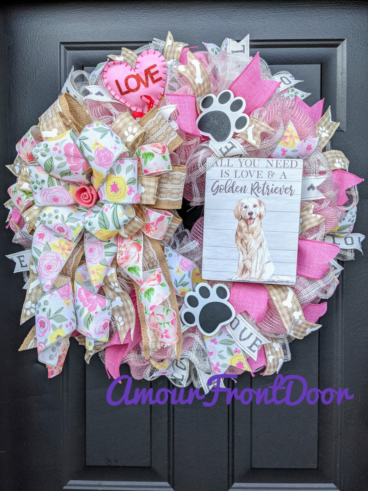 Puppy Love Paw Prints Ribbon Wreath, Pet Decor, Paw Print