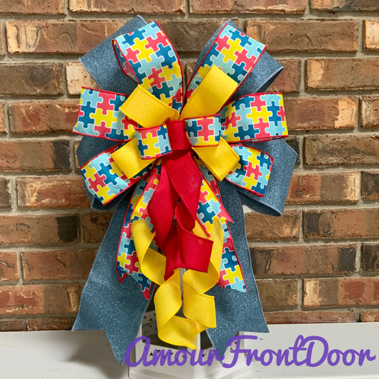 Autism Bow, Autism Awareness Bow, Lantern Bow, Mailbox Bow, Autism Decor, Autism Awareness Decor, Sconce Bow, Autism Bow For Wreaths