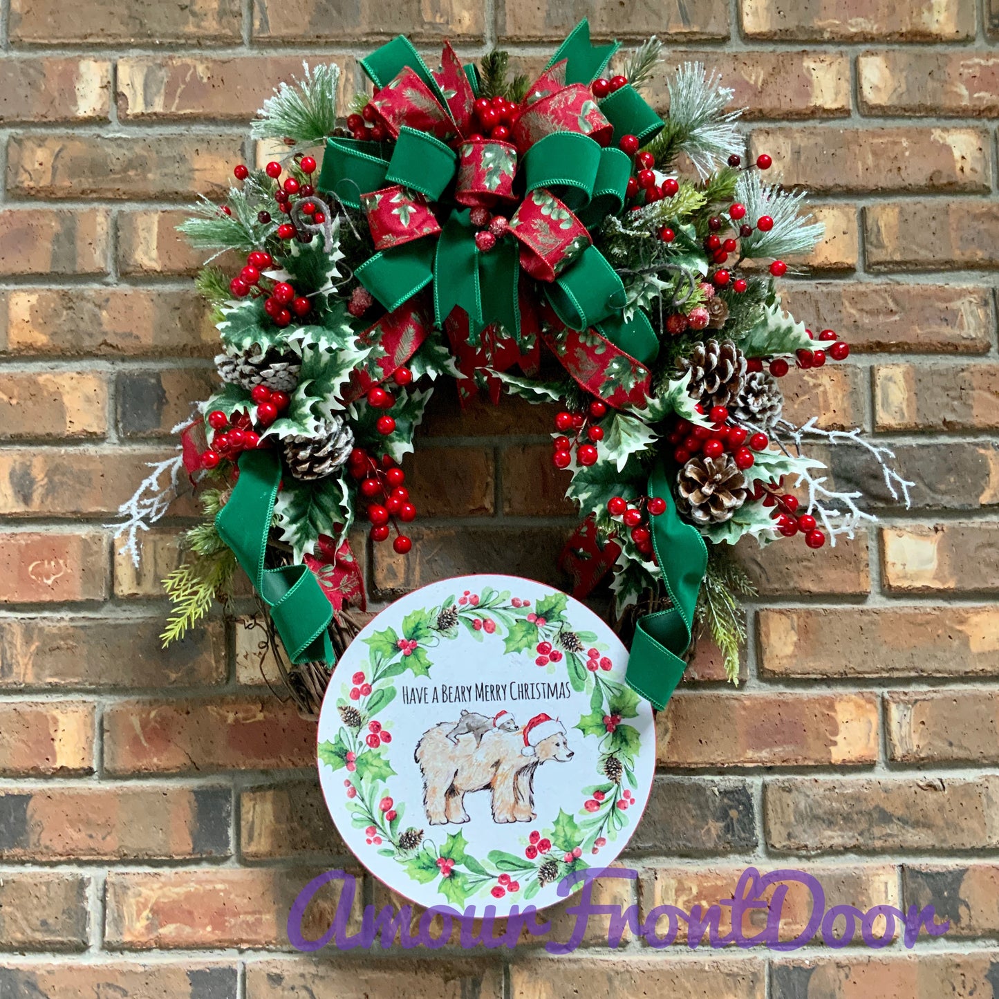 Christmas Bear Wreath, Bear Holiday Decor, Brown Bear Wreath, Cabin Wreath, Bear Welcome Wreath