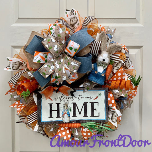 Easter Welcome Wreath, Happy Easter Wreath, Easter Rabbit Wreath, Easter Carrot Wreath, Farmhouse Easter Decor For Front Door, Easter Door Hanger