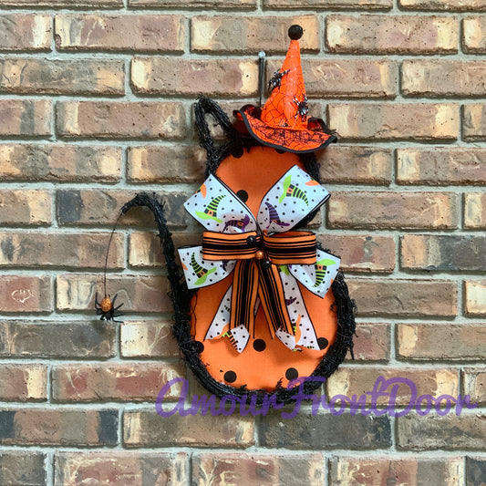 Halloween Cat Door Hanger, Halloween Cat Wreath, Witch Cat Decor, Cat Wreath For Halloween
