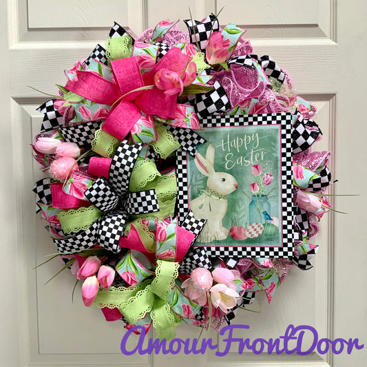 Easter Welcome Wreath, Happy Easter Wreath, Easter Rabbit Wreath, Easter Flower Wreath, Farmhouse Easter Decor For Front Door, Easter Door Hanger