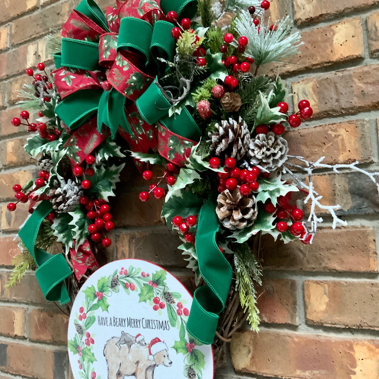 Christmas Bear Wreath, Bear Holiday Decor, Brown Bear Wreath, Cabin Wreath, Bear Welcome Wreath