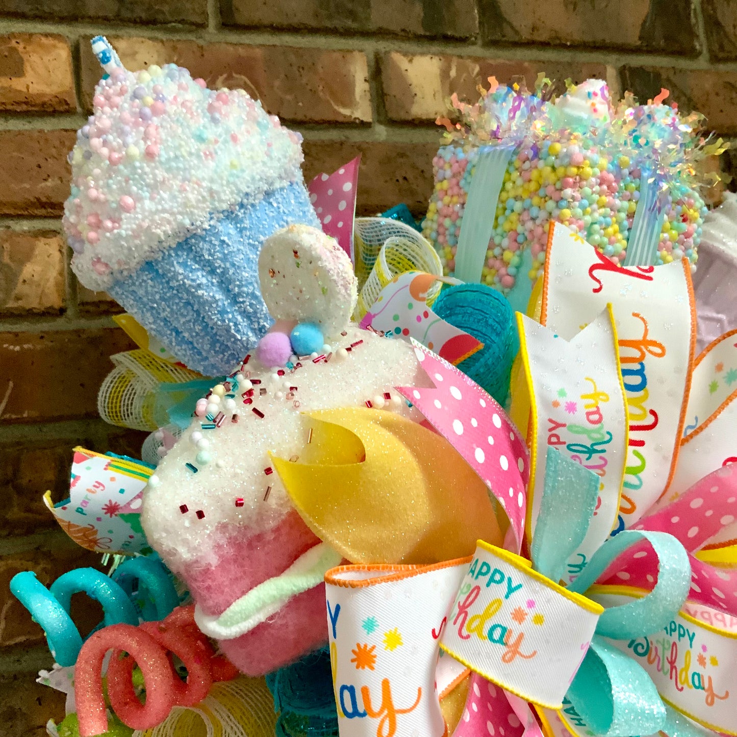 Happy Birthday Swag - Cupcake Ice Cream Cake Door Hanger | Bright Blue Pink Yellow Party Decor | Custom Order