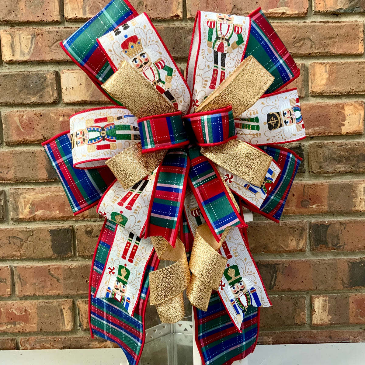 Nutcracker Christmas Bow for Lanterns, Wreaths & Mailboxes | Red Green Blue Plaid & Gold Holiday Bow 2026