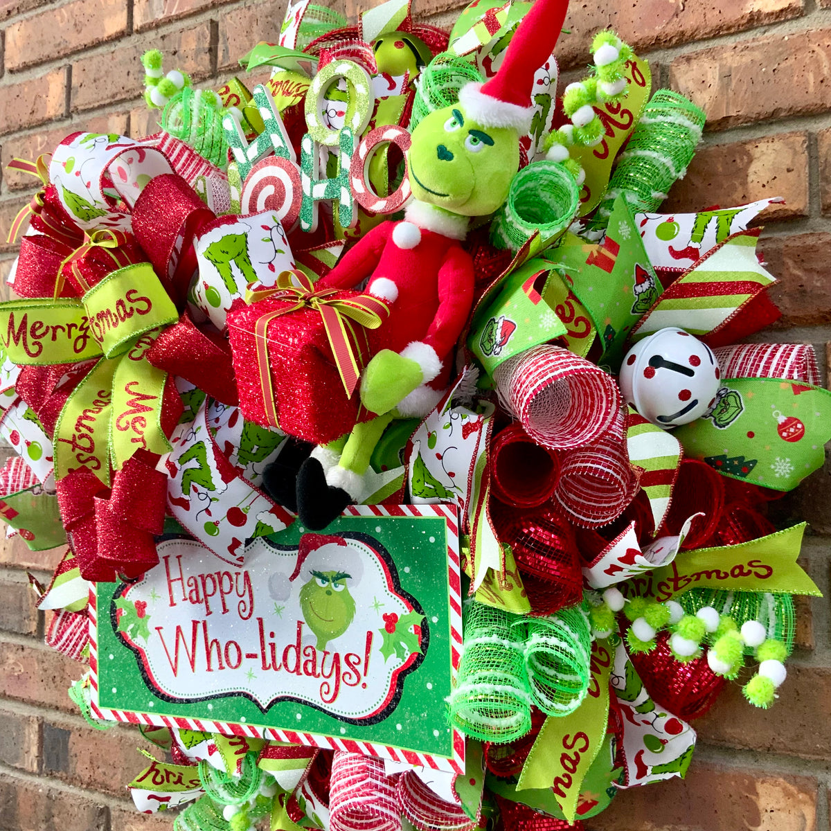 Grinch Christmas Wreath - Happy Who-lidays! | Red & Lime Green Holiday Door Decor 2026