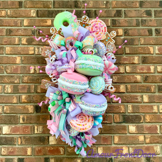 Modern Christmas Wreath - Pastel Candy Door Hanger with Macarons & Gingerbread | Large Holiday Decor