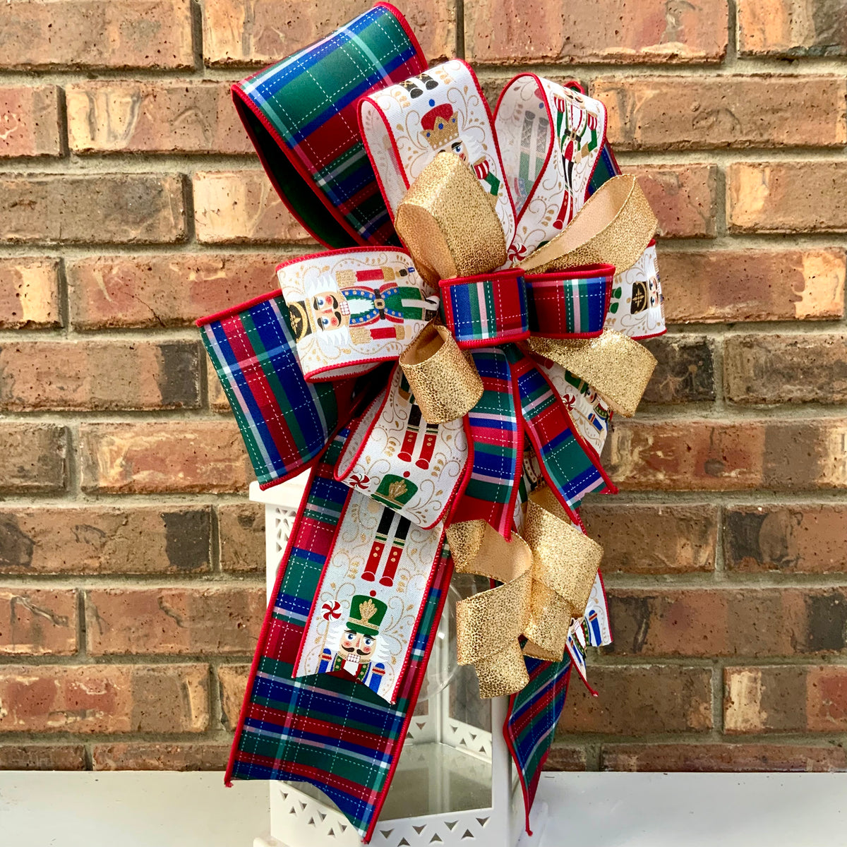 Nutcracker Christmas Bow for Lanterns, Wreaths & Mailboxes | Red Green Blue Plaid & Gold Holiday Bow 2026