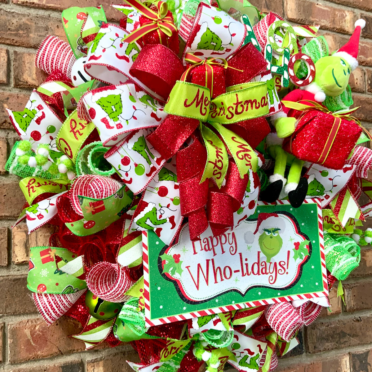 Grinch Christmas Wreath - Happy Who-lidays! | Red & Lime Green Holiday Door Decor 2026