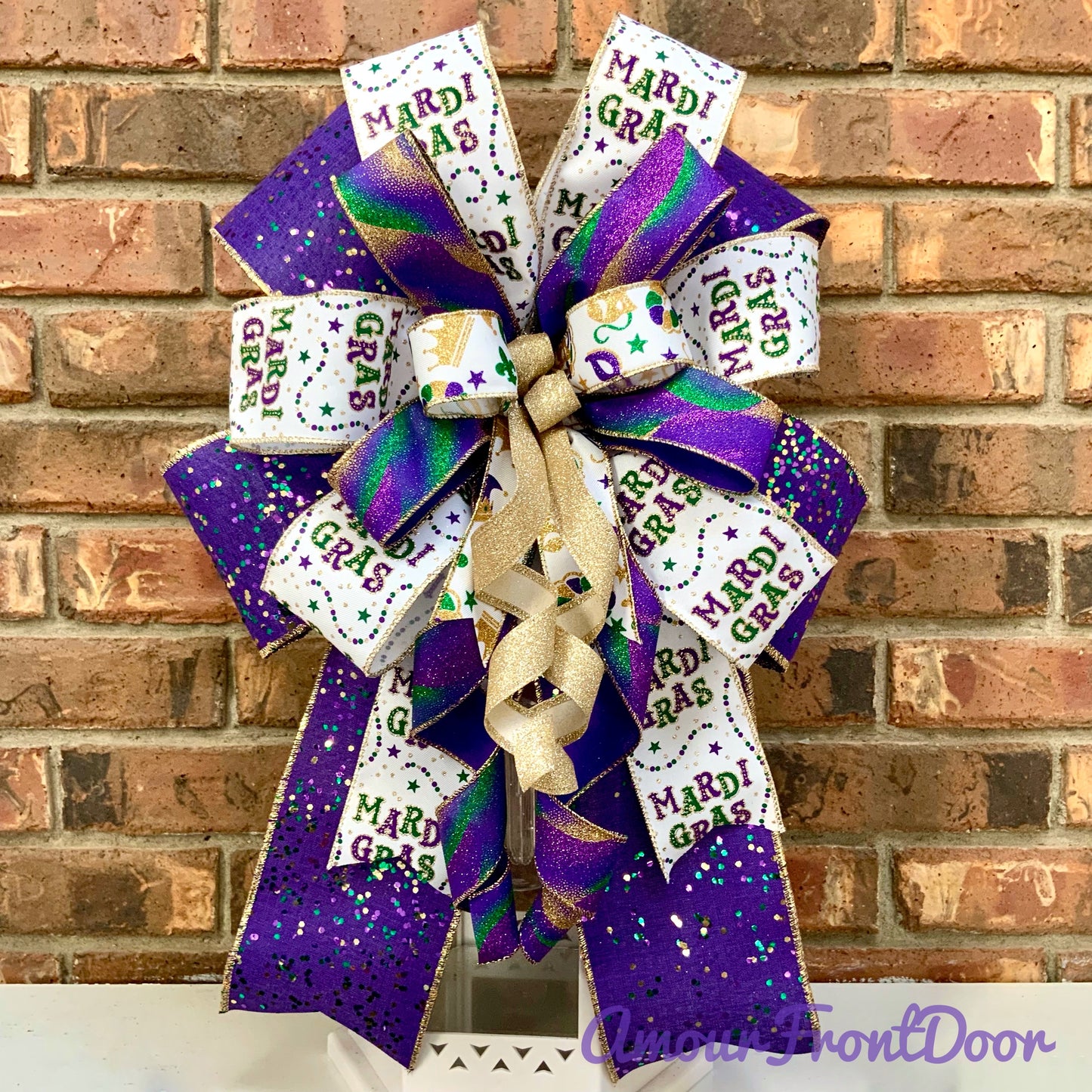 Mardi Gras Bow - Purple Gold Green Glittered Lantern Bow with Mask Patterns | Fat Tuesday Wreath & Mailbox Decor for New Orleans Celebration 2025