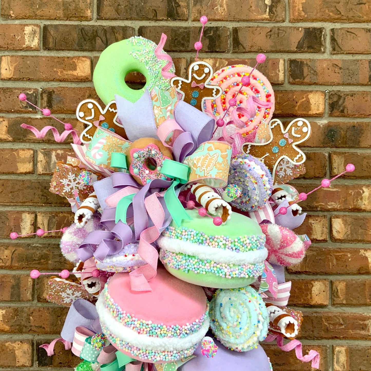 Modern Christmas Wreath - Pastel Candy Door Hanger with Macarons & Gingerbread | Large Holiday Decor