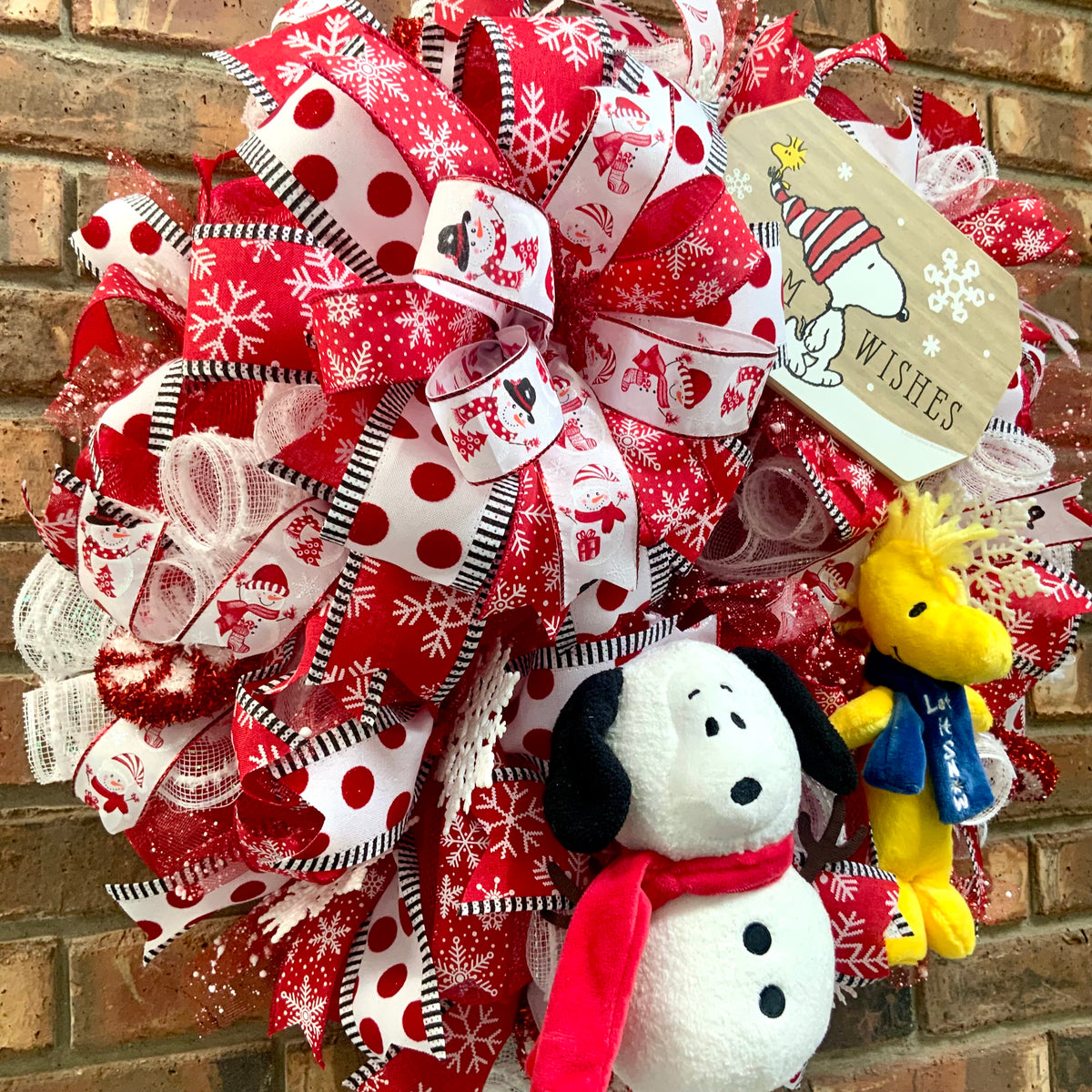 Snoopy Snowman Wreath - Warm Wishes Let It Snow Door Hanger | Red White Snowflake Christmas Decor 2026