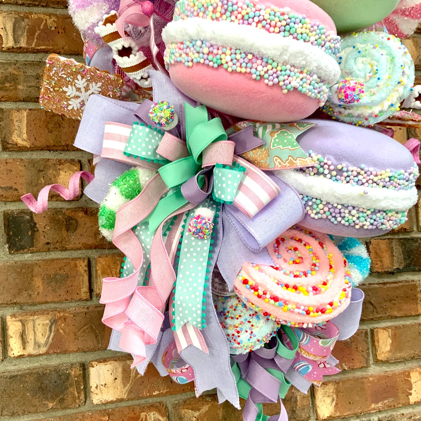Modern Christmas Wreath - Pastel Candy Door Hanger with Macarons & Gingerbread | Large Holiday Decor